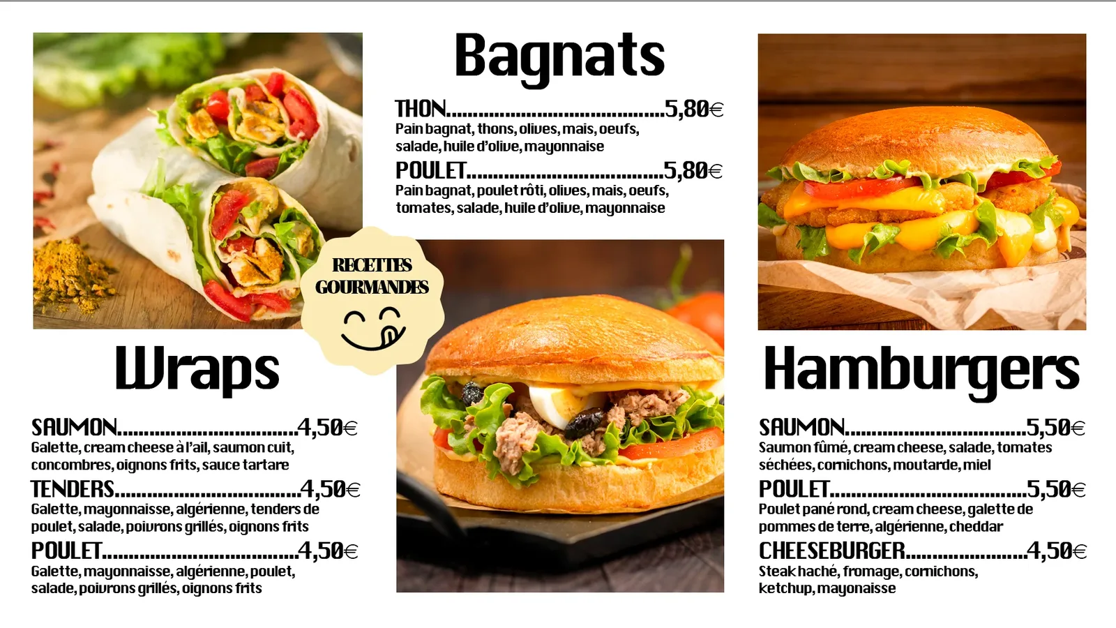 Sultan Boulangerie, menu wraps, bagnats et hamburgers sur écran