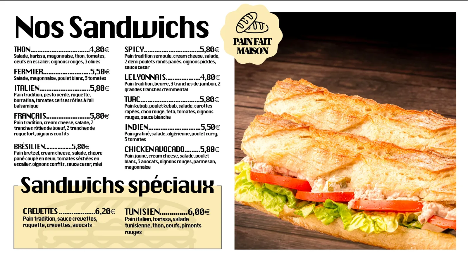 Sultan Boulangerie, menu sandwichs sur écran