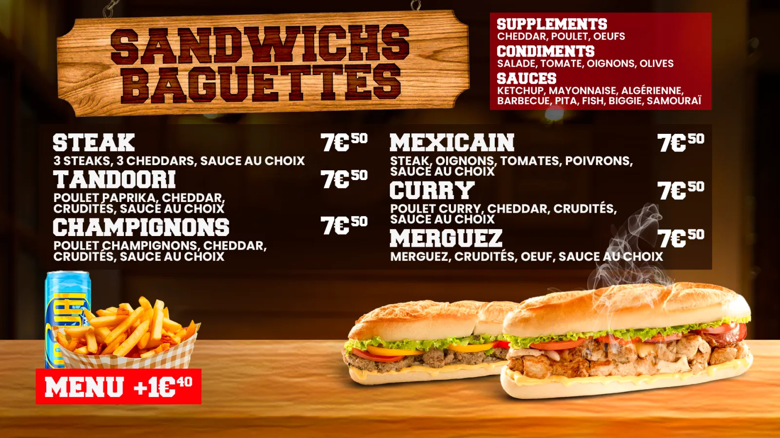 Sultan Boulangerie, menu sandwichs baguettes sur écran