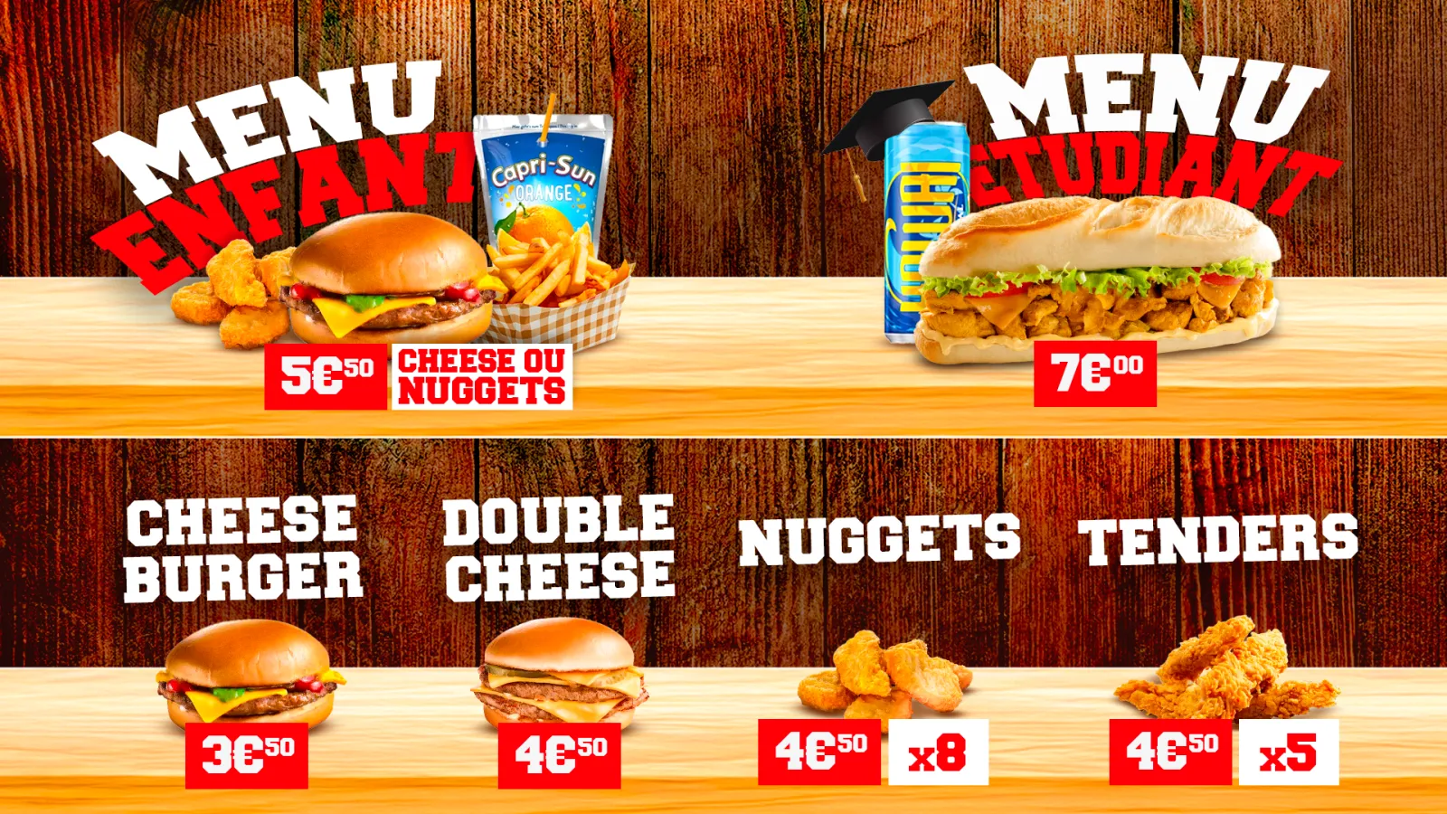 Sultan Boulangerie, menus enfant, étudiant et burgers sur écran